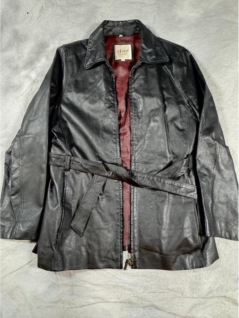 Vintage Y2K ZJazz Black Leather Belted Jacket Women’s L, lightweight classy